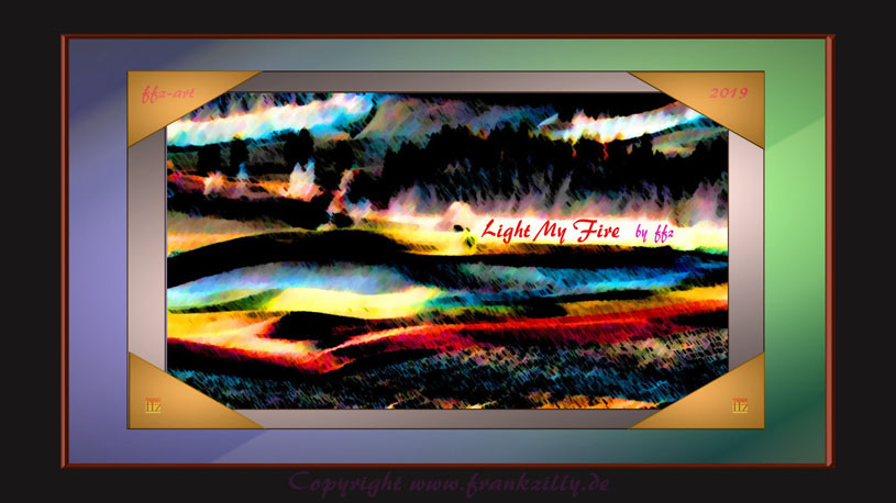 " Light My Fire "   ist ein Werk aus den Höhlen der Menschheit von heute, aus den virtuellen Räumen, den modernen (digitalen) Kathedralen, hier denen der "Atelier-Manufaktur Faunlandia" von (Digital-)Künstler Frank F. Zilly aus Schielberg im Schwarzwald.   " Light My Fire " ist aber auch ein Titel der legendären US-amerikanischen Rockband "The Doors" aus dem Jahr 1967. Mit dem unvergessenen Keyboarder Ray Manzarek an der Vox Continental, der melodieführenden Combo- / Koffer-Orgel, einem Ur-Ahn heutiger Keyboards  ...  zwei "Parallelen", die sich nicht erst im Unendlichen schneiden ... ... Und eine dritte Parallele, ebenfalls mit reichlich „fire“ einhergehend, fast genauso alt (kam 1969 auf den Markt) und (in den USA zumindest) nicht weniger legendär, ist der Oldtimer von Künstler Frank F. Zilly. Einfach bei Interesse mal auf „fire“ klicken ... 